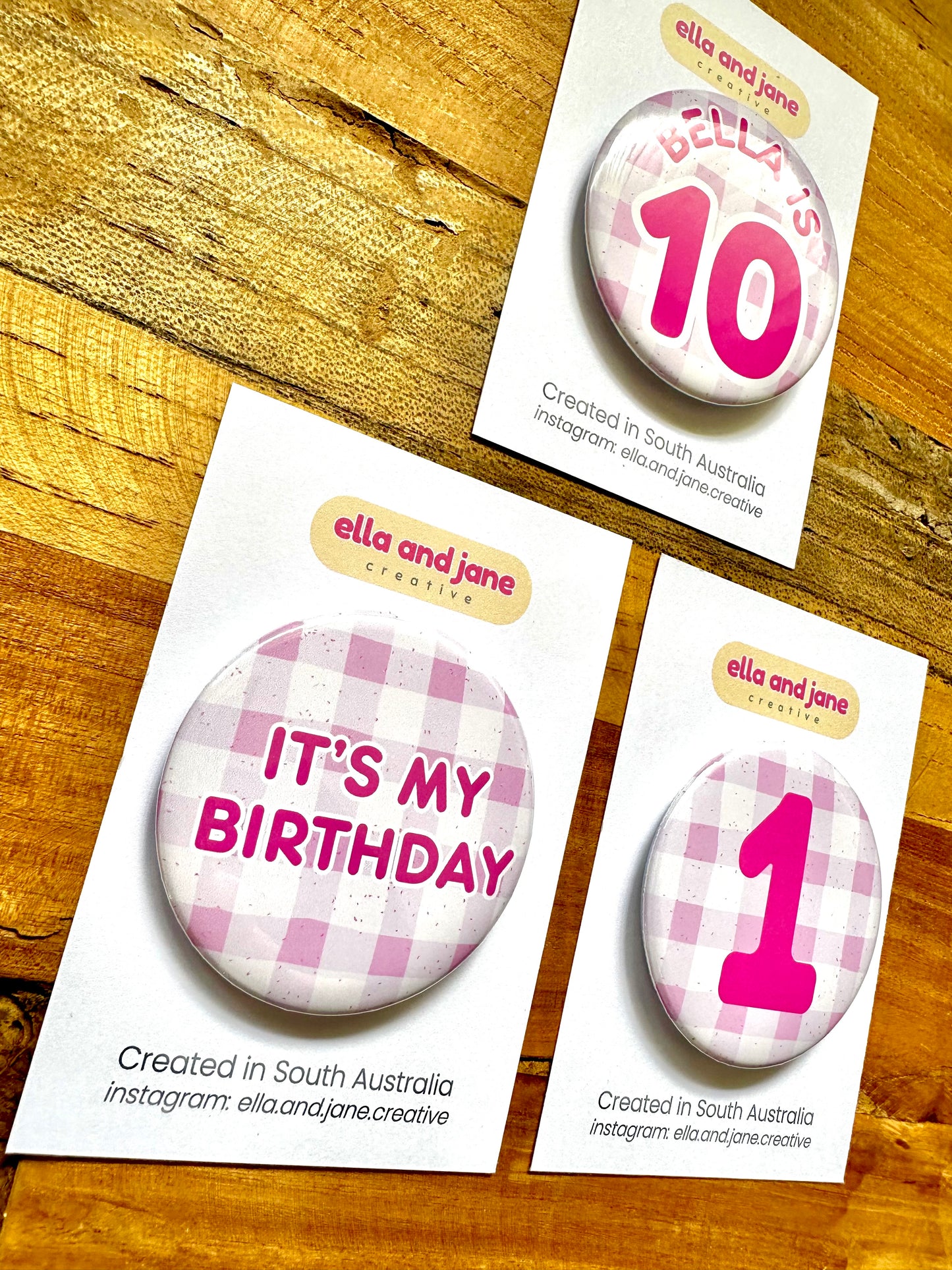 Pink Gingham Birthday Badge