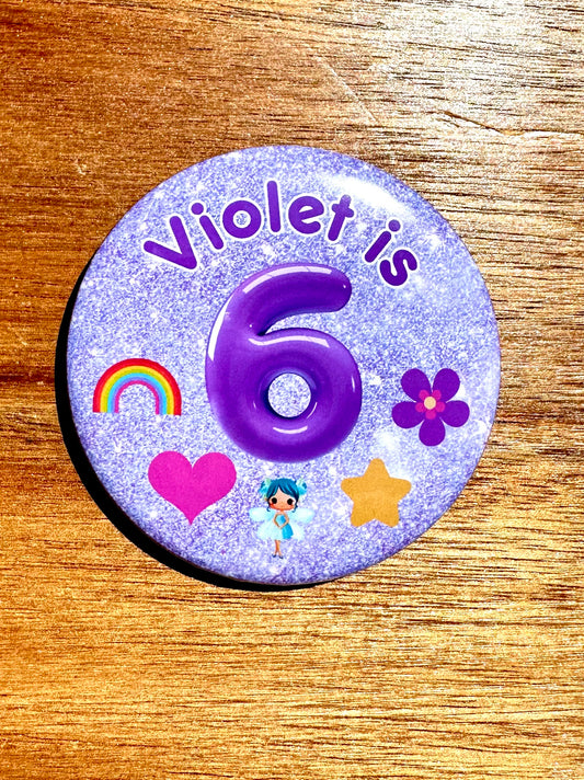 Glitter Look (Pink, Purple, Turqoise) Birthday Badge