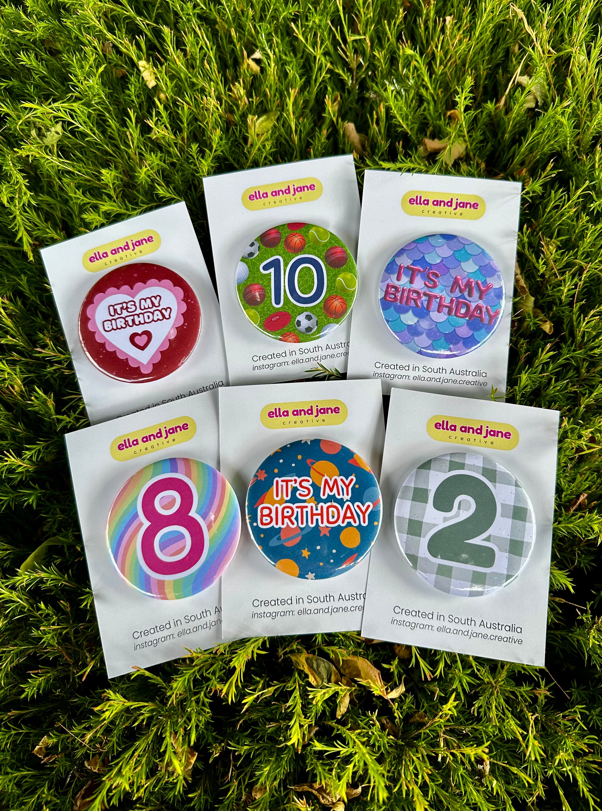 Six custom birthday badges to celebrate various birthdays.