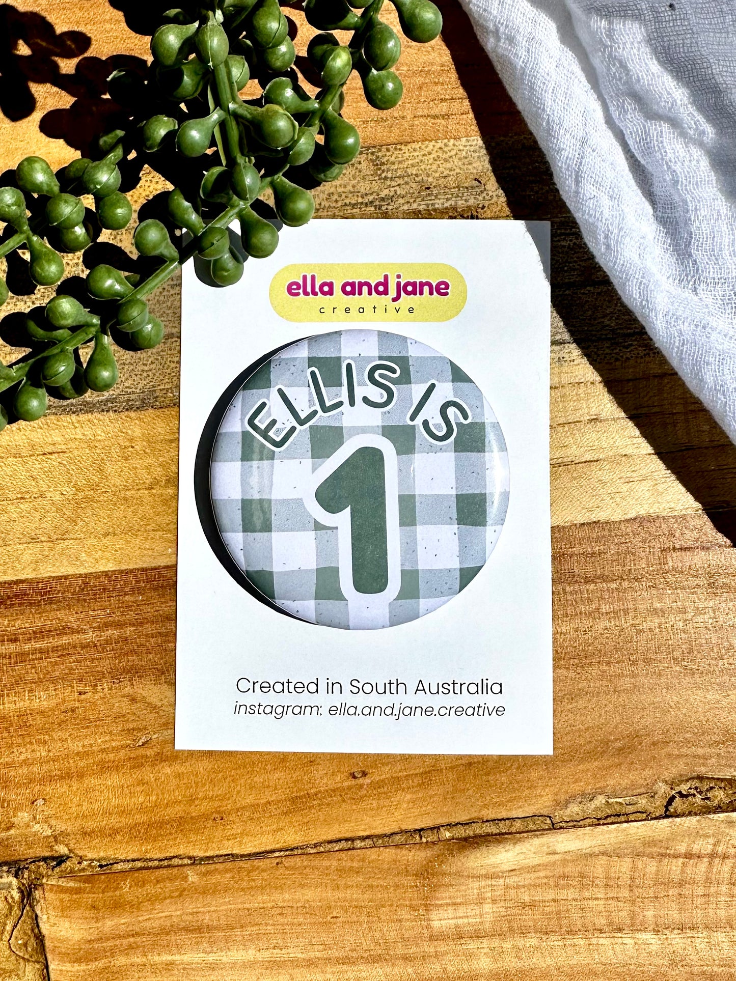 Sage Gingham Birthday Badge
