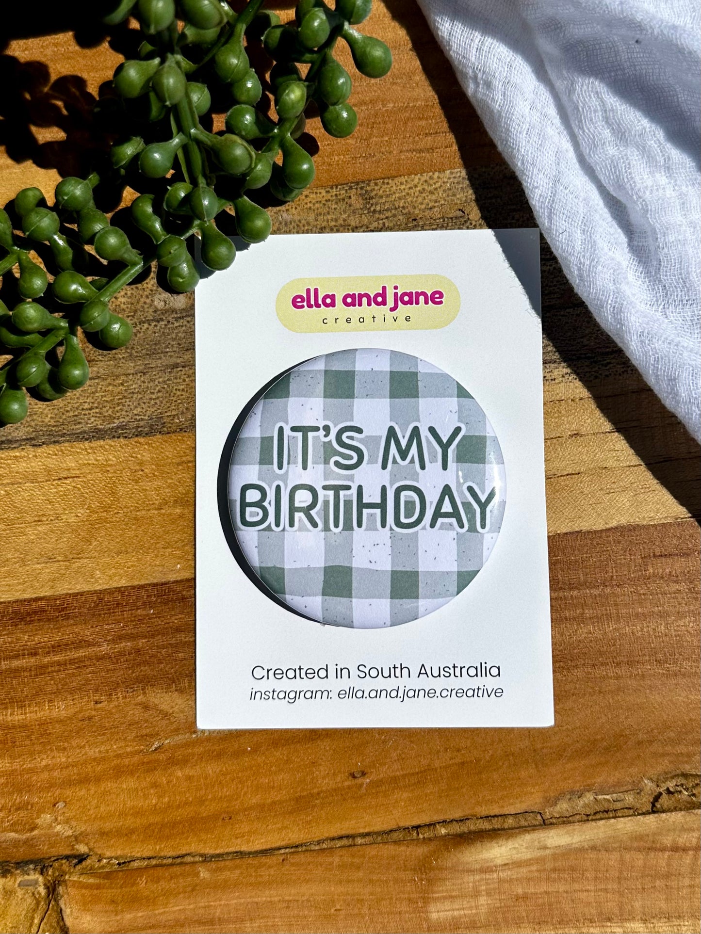 Sage Gingham Birthday Badge