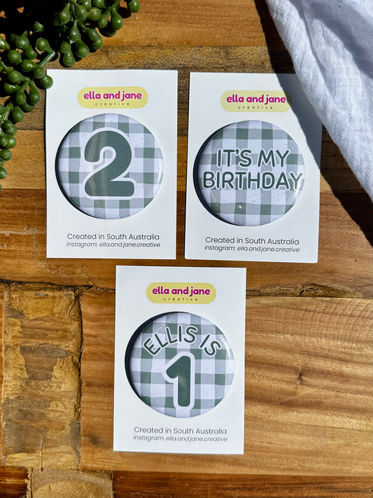 Sage Gingham Birthday Badge