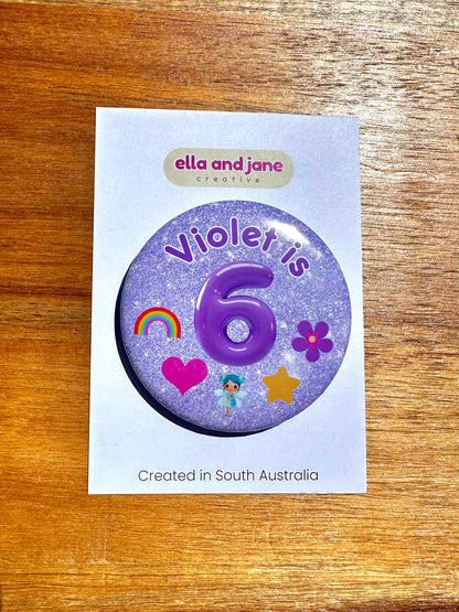 Glitter Look (Pink, Purple, Turqoise) Birthday Badge