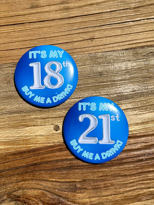 Blue Buy Me A Drink Birthday Badge