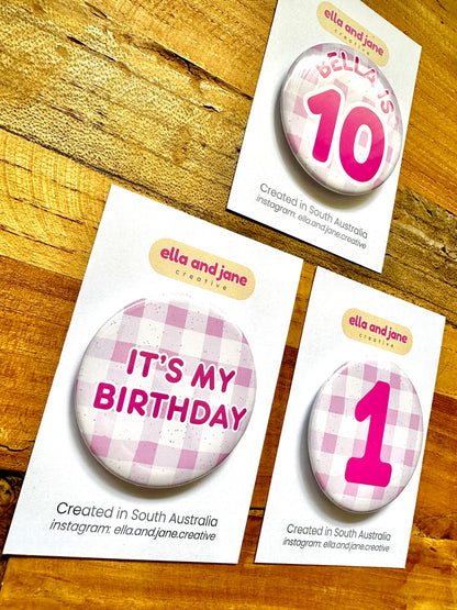 Pink Gingham Birthday Badge
