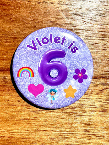Glitter Look (Pink, Purple, Turqoise) Birthday Badge