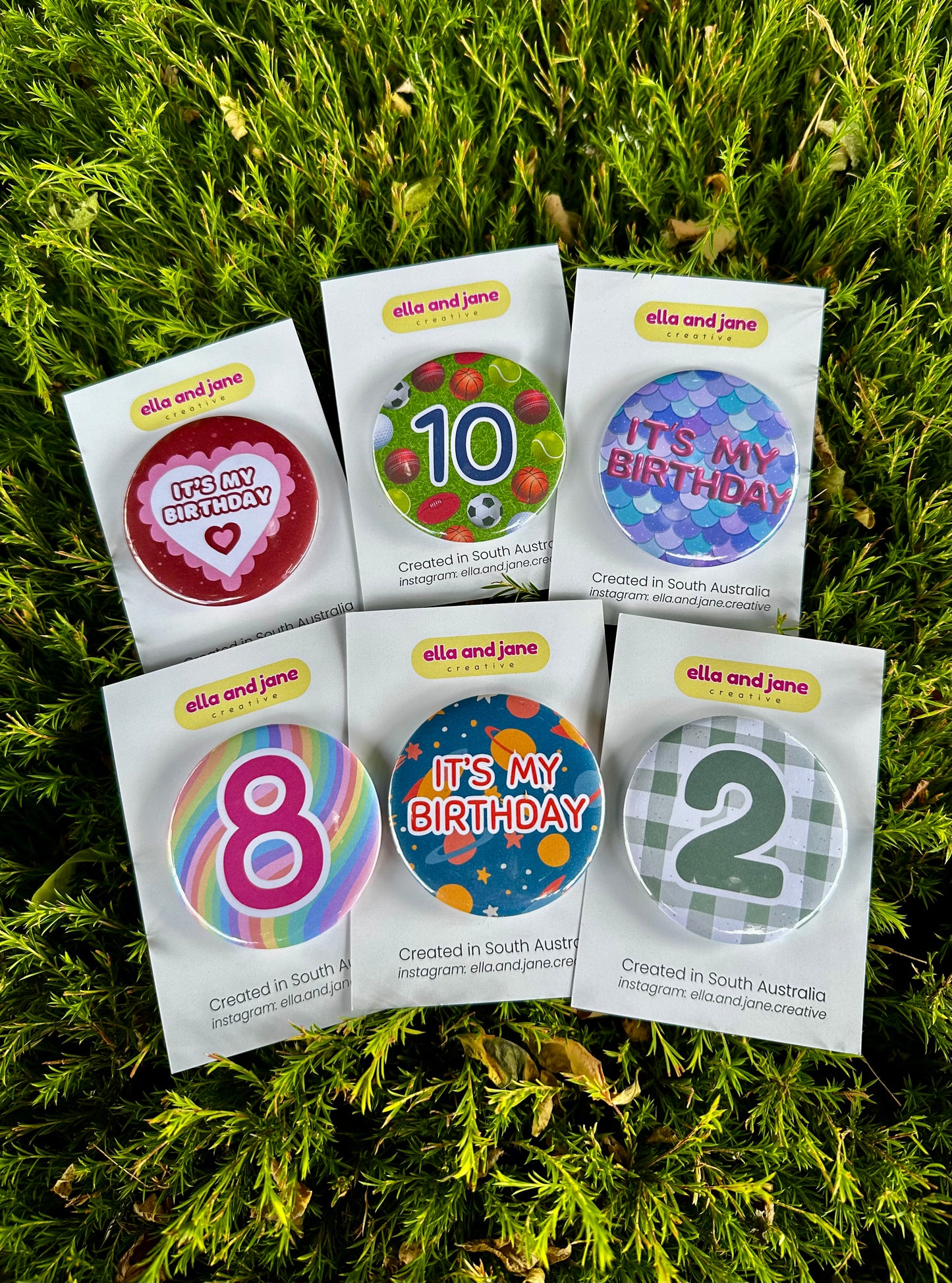 Six custom birthday badges to celebrate various birthdays. 