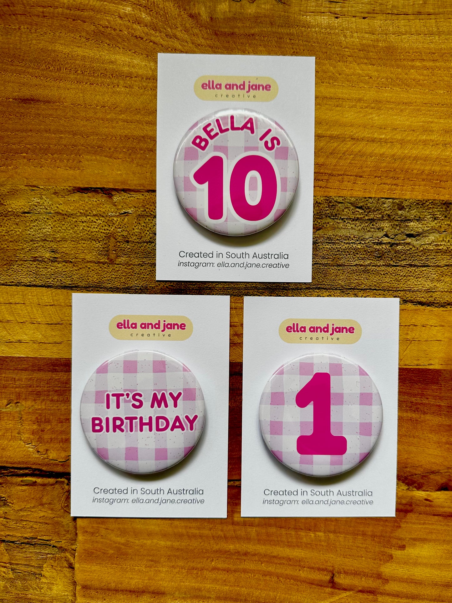 Pink Gingham Birthday Badge