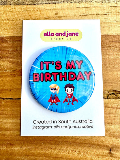 Blue Superhero Birthday Badge