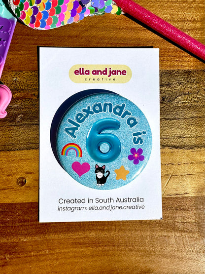 Glitter Look (Pink, Purple, Turqoise) Birthday Badge